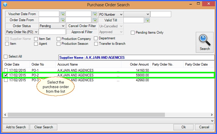 fmcg purchase voucher purchase order search